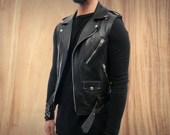 ジャケット・アウター 90's DS.PILOT black leather design vest 80s 90s Vintage Black Leather Vest Gold Metallic Leather