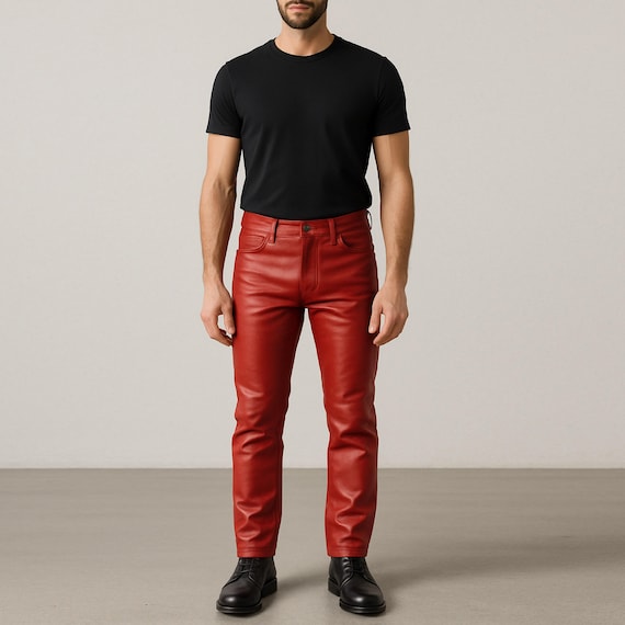 Handmade Genuine Cow Leather Pants: Red Leather Jeans for Men - Etsy