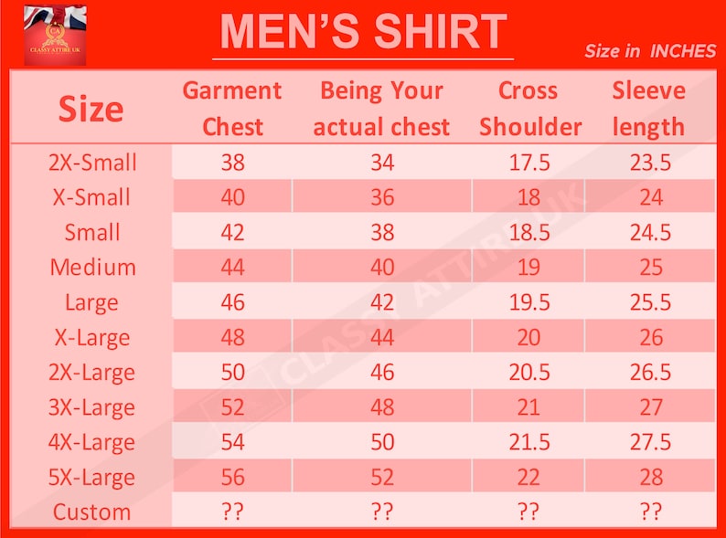 Pu&ograve; includere: Tabella delle taglie per camicie da uomo, con misure in pollici. La tabella include taglie dalla 2X-Small alla 5X-Large, e taglie personalizzate. Le misure includono circonferenza torace, torace reale, larghezza spalle e lunghezza manica.
