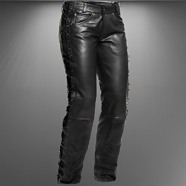 Herren Lederhose Seitliche Schnürung Schwarze Biker Hose aus 100% echtem Leder, handgefertigte Lederjeans, Schnürhose aus echtem Leder im Vintage-Look