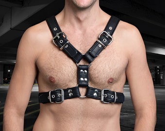 Handmade Black Leather Chest Harness - Y-Style, Adjustable Straps