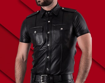 Men's Black Leather Biker Shirt: Handmade Sheep Leather Police Uniform