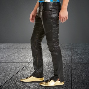 Mens Genuine Sheep Leather Biker Pants: Handmade Leather Breeches