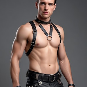Handmade Black Leather Men&#39;s Chest Harness: Studded Collar, Adjustable Straps