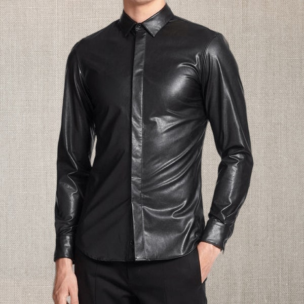 Herren-Lederhemd im klassischen Stil – schwarzes Lederhemd – Lammfell-Lederhemd – Geschenk für Männer – handgefertigtes echtes Schafslederhemd