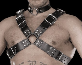 Handmade Black Leather Chest Harness - Adjustable Buckle Straps