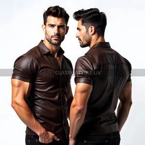 Chemise homme marron en cuir de vachette - Coupe slim faite main