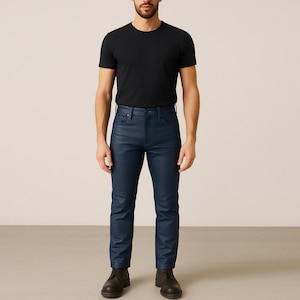 Genuine Cow Leather Pants Leather Jeans Navy Blue Pants Gift for Men - Handmade Real Leather Pants