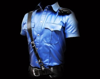 Blue Sheep Leather Shirt: Men's Handmade Police Uniform Style