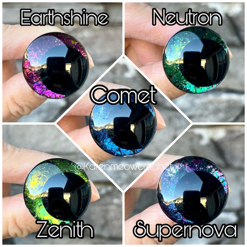 May include: Four round glass eyes with black pupils and glitter accents. The eyes are labelled "Earthshine", "Neutron", "Comet", and "Supernova".