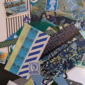 Paquete de chatarra en azules y verdes, cartas recortadas, suministros para álbumes de recortes, fabricación de tarjetas, artesanía, reciclado, cartas de rescate, decoupage,