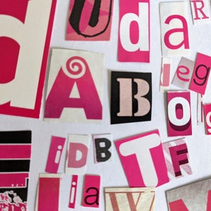 Lettere rosa ritagliate, forniture per album, creazione di biglietti, artigianato, riciclato, arte della carta, lettere di riscatto, decoupage, tipo