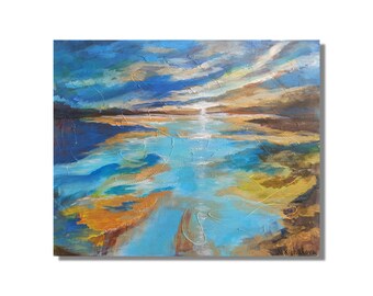 Sunset seascape, beautiful landscape, original acrylic painting on canvas, blue and gold, ready to hang 50x40 cm, wall painting, gift