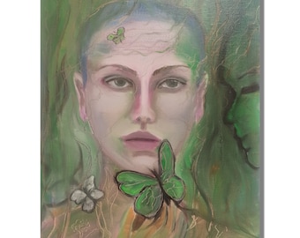 Fille mystérieuse avec papillon : peinture à l'huile de femme abstraite verte sur toile, décoration murale moderne (L35xH45 cm)