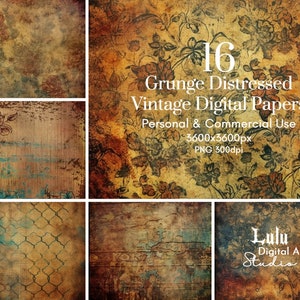 16 Grunge Distressed Vintage Digitale Papiere | Junk Journal Seiten, Papier strukturierte Wallpaper, Ruine druckbare Scrapbooking Ai PNG Art