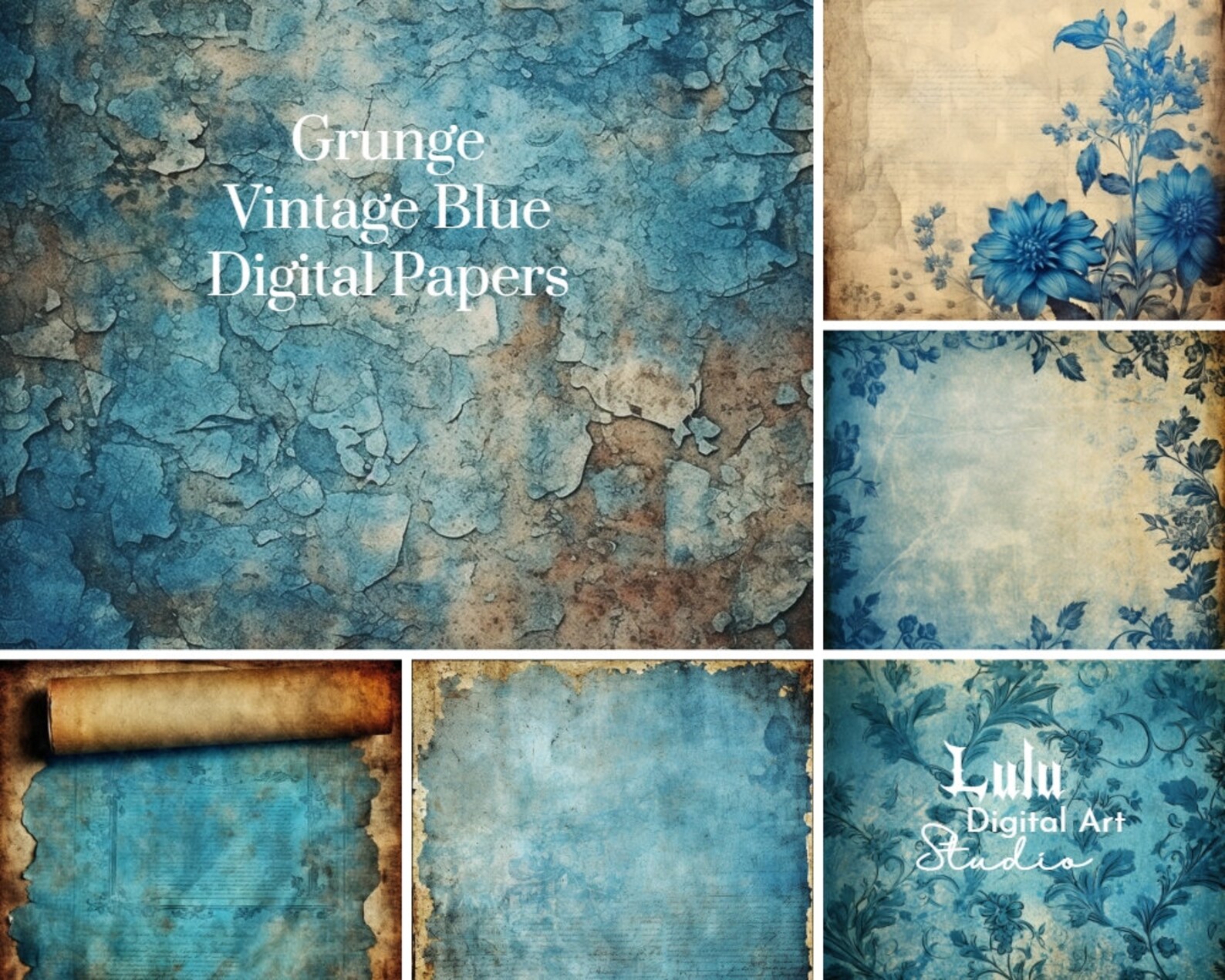 21 Grunge Vintage Blue Digital Papers | Distressed Junk Journal Pages ...
