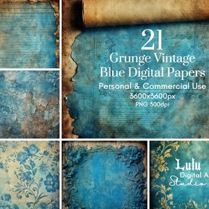 21 documenti digitali blu vintage Grunge / pagine del diario spazzatura in difficoltà, sfondo Texture di carta, rovina stampabile Scrapbooking Ai PNG Art