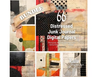 Könnte beinhalten: Ein digitales Papierpaket mit 66 distressed Junk Journal Digital Papers. Die Papiere zeigen eine Vielzahl von Texturen und Mustern, darunter Punkte, Streifen und florale Designs. Die Papiere sind perfekt für die Erstellung einzigartiger und personalisierter Junk Journals, Scrapbooks und anderer Papierarbeiten.