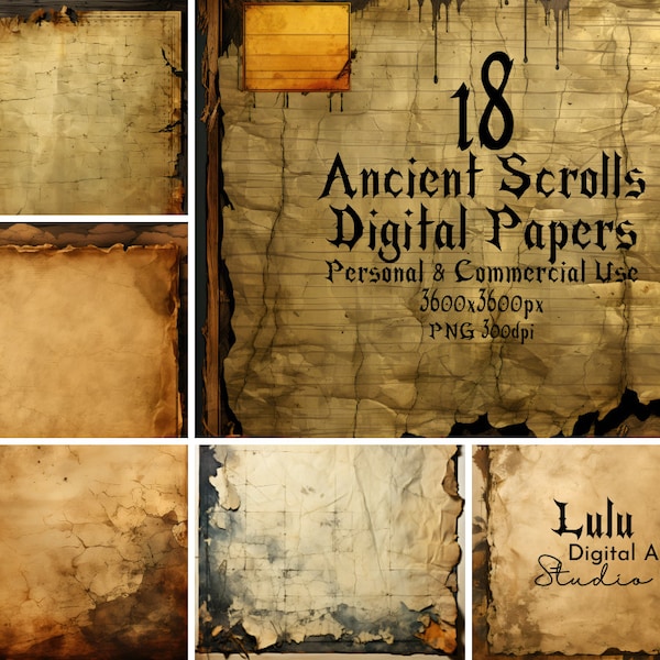 Junk Journal Pages | 18 Ancient Scroll Digital Papers | Grunge Distressed Aged Paper Texture Background Printable Scrapbooking Ai PNG Art