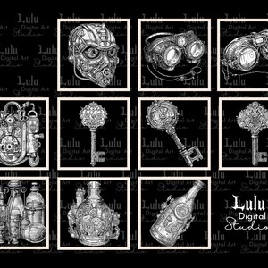 May include: A digital collage of nine black and white images featuring steampunk-inspired designs. The images include a gas mask, goggles, keys, and bottles.