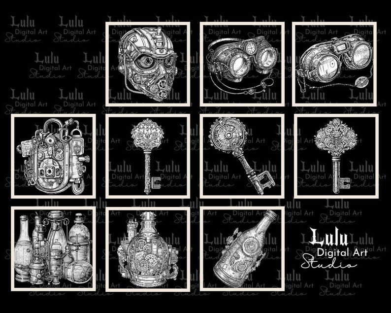 May include: A digital collage of nine black and white images featuring steampunk-inspired designs. The images include a gas mask, goggles, keys, and bottles.