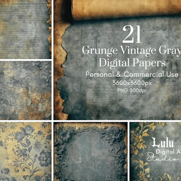 21 Grunge Vintage Gray Digital Papers | Distressed Junk Journal Pages, Aged Paper Texture Background Printable Scrapbooking Ai PNG Art