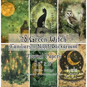 Könnte beinhalten: Ein Set mit 28 digitalen Papieren mit grünen Hexen-Begleitern und Nachthintergründen. Die Papiere sind 21,6 cm x 27,9 cm groß und haben eine Auflösung von 300 dpi. Die Papiere eignen sich perfekt für Scrapbooking, Kartenherstellung und andere Bastelprojekte.