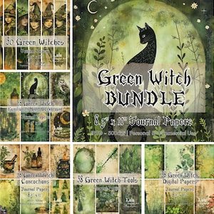 May include: A digital paper bundle for crafting and scrapbooking featuring green witches, familiars, and night backgrounds. The bundle includes 30 digital papers in total, measuring 8.5 inches by 11 inches.  The papers are for personal and commercial use.