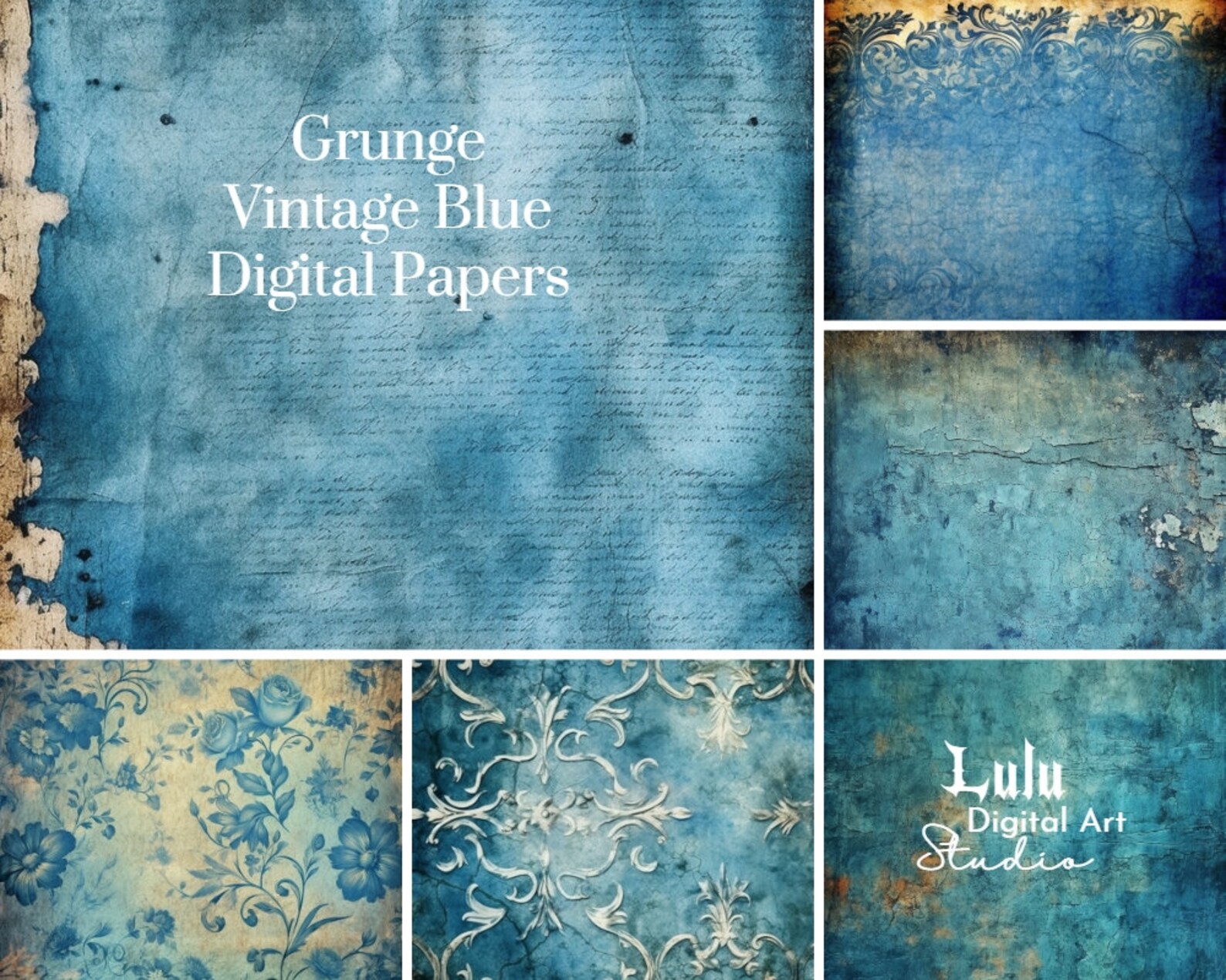 21 Grunge Vintage Blue Digital Papers | Distressed Junk Journal Pages ...