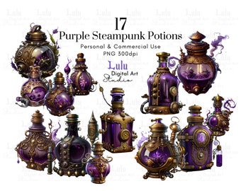17 Purple Steampunk Potions | High Resolution PNG Files, Clipart Graphics, Printable Scrapbook Template Organiser Ai Graphic Art Supplies