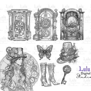 May include: A black and white digital illustration set featuring a steampunk-inspired woman with a top hat, gears, and a butterfly. The set also includes three ornate doors with gears and a key, a pair of boots, and a key with a gear design.