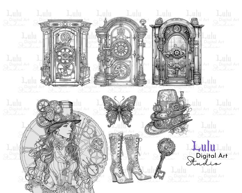 May include: A black and white digital illustration set featuring a steampunk-inspired woman with a top hat, gears, and a butterfly. The set also includes three ornate doors with gears and a key, a pair of boots, and a key with a gear design.