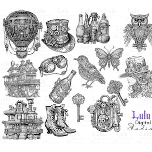 May include: Black and white digital illustrations of a steampunk-themed house, hot air balloon, goggles, bird, butterfly, owl, bottle, boots, and a woman with a hat. The illustrations are in a vintage style and feature intricate details.