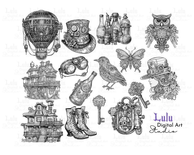 May include: Black and white digital illustrations of a steampunk-themed house, hot air balloon, goggles, bird, butterfly, owl, bottle, boots, and a woman with a hat. The illustrations are in a vintage style and feature intricate details.