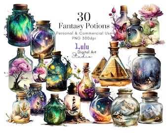 30 Fantasy Potions | Gothic Witch Clipart Graphics, Witchy Wizard Goth Printable Scrapbook Template Organiser Ai Graphic Art Supplies
