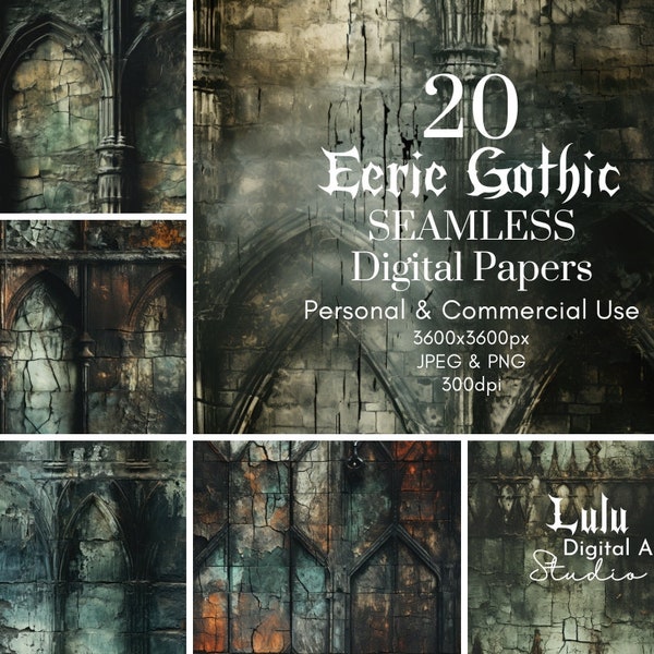 Gothic Junk Journal - 20 Eerie Gothic Seamless Digital Papers | Commercial Use Distressed, Aged Grunge Background Printable Pages Ai PNG Art