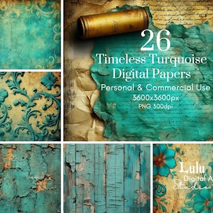 26 papeles digitales turquesas atemporales / páginas de diario basura desgastadas grunge, fondo de textura de papel envejecido imprimible Scrapbooking Ai PNG Art