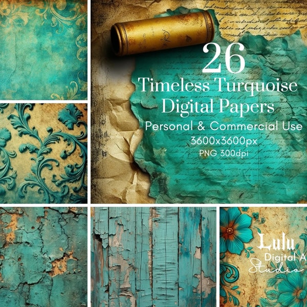 26 Timeless Turquoise Digital Papers | Grunge Distressed Junk Journal Pages, Aged Paper Texture Background Printable Scrapbooking Ai PNG Art