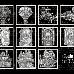 May include: A set of 10 black and white digital illustrations featuring steampunk-inspired designs. The illustrations include a hot air balloon, a train, a car, a house, and various gears and machinery.