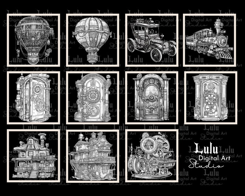 May include: A set of 10 black and white digital illustrations featuring steampunk-inspired designs. The illustrations include a hot air balloon, a train, a car, a house, and various gears and machinery.