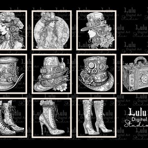 May include: A digital collage of ten black and white images featuring steampunk-inspired designs. The images include a woman wearing a top hat, a suitcase, boots, and various hats with gears and other mechanical elements.