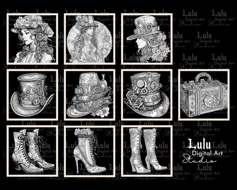 May include: A digital collage of ten black and white images featuring steampunk-inspired designs. The images include a woman wearing a top hat, a suitcase, boots, and various hats with gears and other mechanical elements.