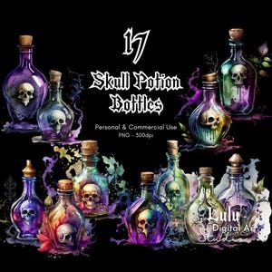 Skull Potion-flessen-17 png-illustraties | Gotische apothekerskast, goth-fantasiehekserij en heks, duistere magische magische mystieke AI-kunst