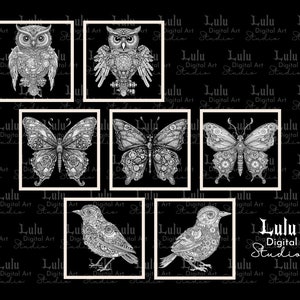 May include: A set of six digital art prints featuring black and white illustrations of owls, butterflies, and birds with intricate steampunk designs. The images are set against a black background.