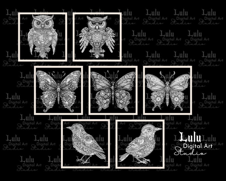 May include: A set of six digital art prints featuring black and white illustrations of owls, butterflies, and birds with intricate steampunk designs. The images are set against a black background.