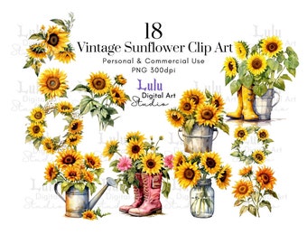 18 Vintage Style Sunflowers Clip Art | Journal Pages Clipart, Retro Fantasy Printable Scrapbook Template Organiser Ai Graphic Art Supplies