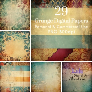 29 papéis digitais grunge - 300dpi PNG | Texturas de papel desgastado, fundo de álbum de recortes para impressão, impressão comercial sob demanda POD AI Art