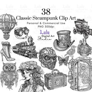 May include: A set of 38 black and white steampunk clip art images. The images include a hot air balloon, a train, a top hat, a pair of goggles, a robot, a bird, a suitcase, a door, a woman with a hat, and an owl.
