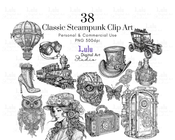 38 Classic Steampunk Clip Art | Journal Pages Clipart Graphics, Retro Fantasy Printable Scrapbook Template Organiser Ai Graphic Art Supplies