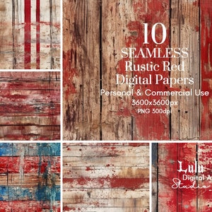 May include: Ten seamless digital papers featuring rustic red wood textures. The papers are 3600x3600 pixels and 300 dpi. They are for personal and commercial use.